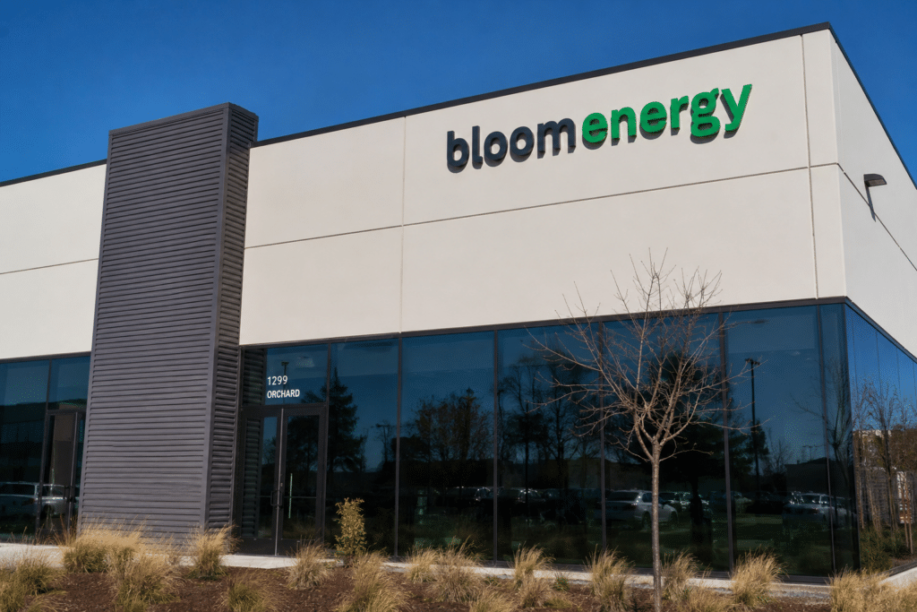 Bloom Energy logo displayed on the exterior of a modern office building