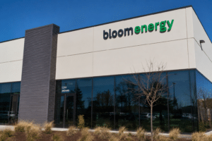 Bloom Energy logo displayed on the exterior of a modern office building