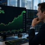 Trader watches XRP rise 6% to $1.44 on a large XRP/USD market screen
