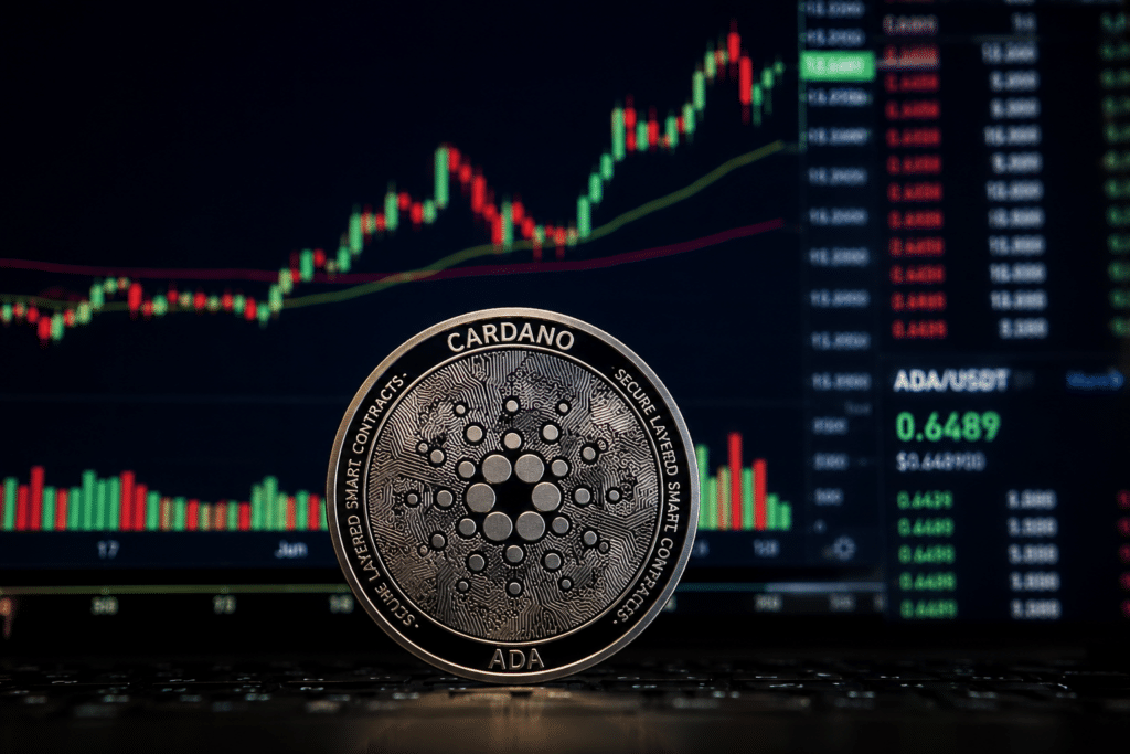 Cardano ADA coin stands in front of a trading screen showing a rising crypto price chart.