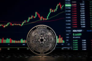 Cardano ADA coin stands in front of a trading screen showing a rising crypto price chart.